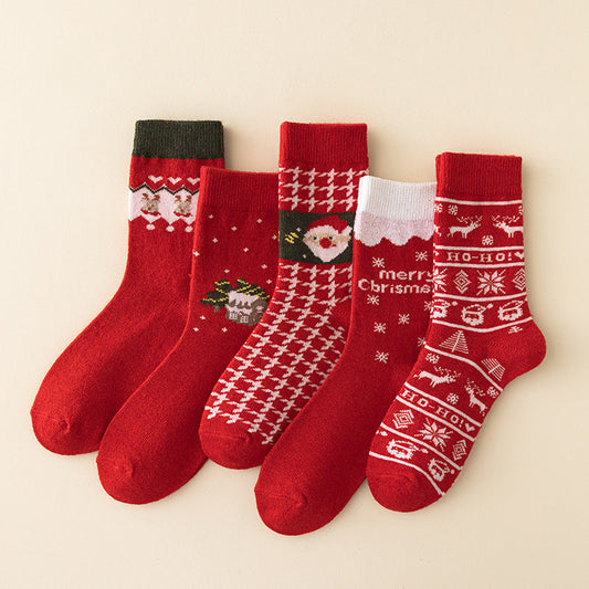 5 Pack Warm Thick Cashmere Mid Calf Red Christmas Socks