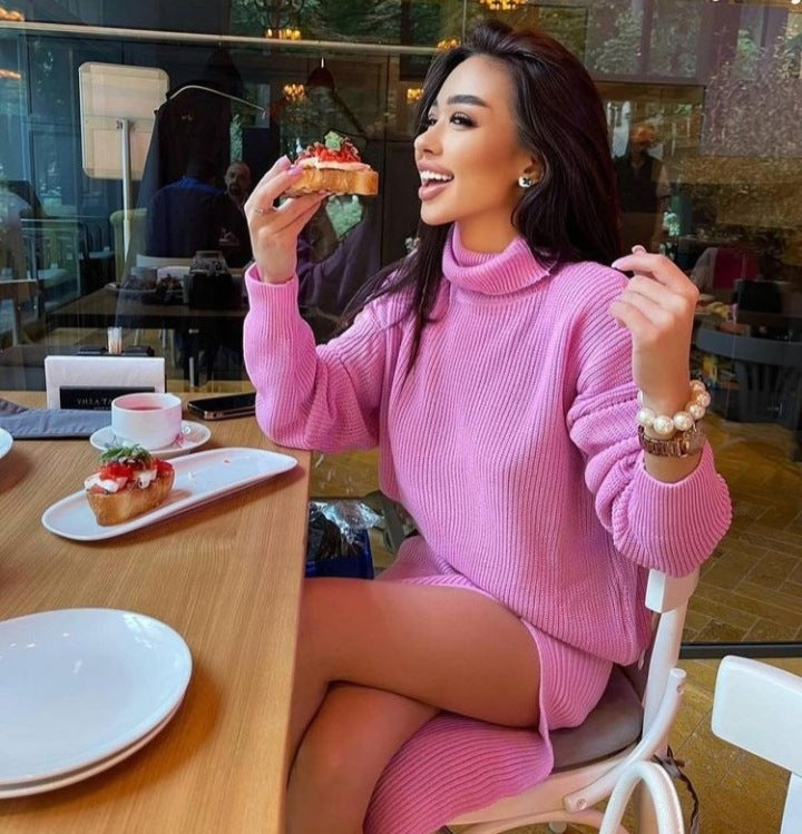 2024 fall fashion trends Hot Sale Autumn and Winter New Turtleneck Loose Pullover Top Split Sexy Long Skirt Two-Piece Set