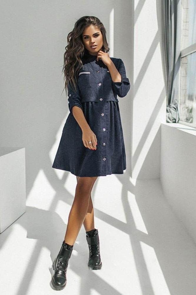 Straps button roll sleeve casual dress
