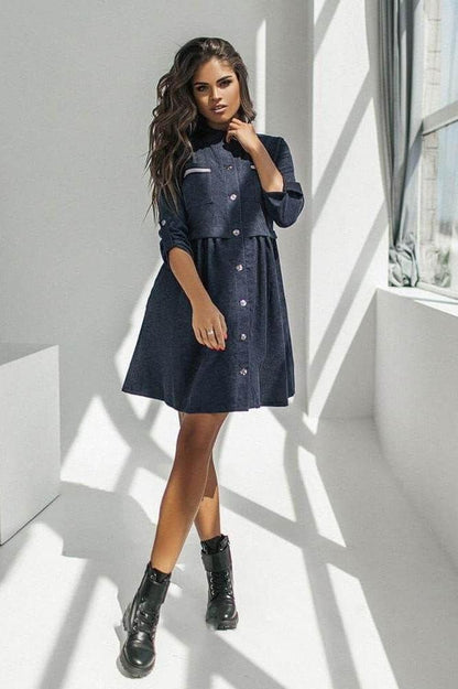 Straps button roll sleeve casual dress