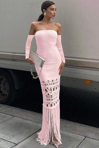 Tassel Off Shoulder Long Skirt Bodycon Dress