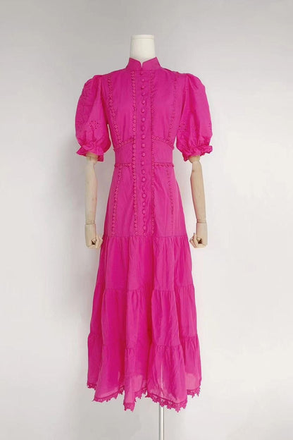 Collar Embroidery Short-Sleeved Long Dress