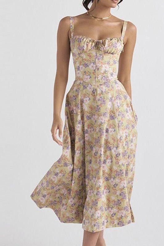 French Floral Printed Backless Long Dress