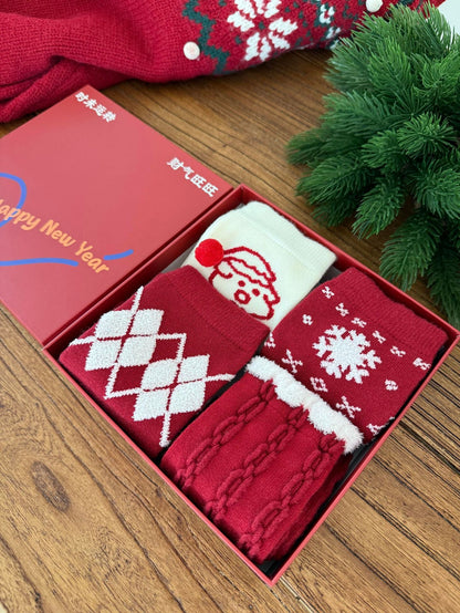 Red Argyle Snowflake Seamless Rabbit Fleece Mid Calf Christmas Socks