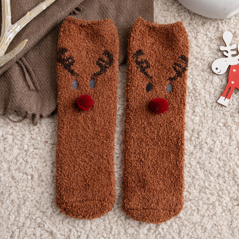 Soft Cotton Coral Fleece Cute Mid Calf Sleep Christmas Socks