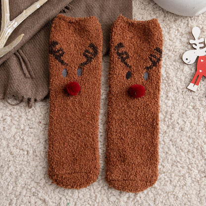 Soft Cotton Coral Fleece Cute Mid Calf Sleep Christmas Socks