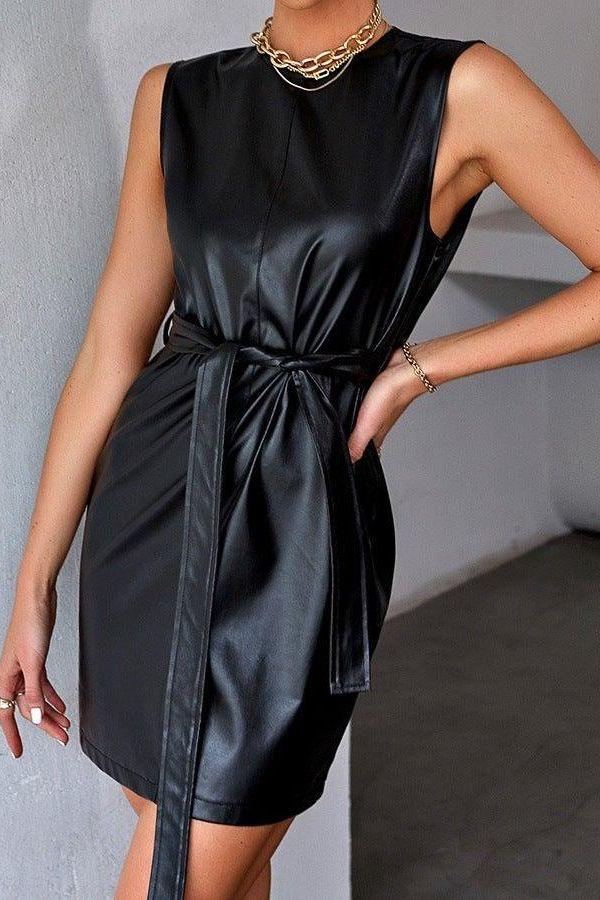 Retro belt  PU leather sleeveless short dress