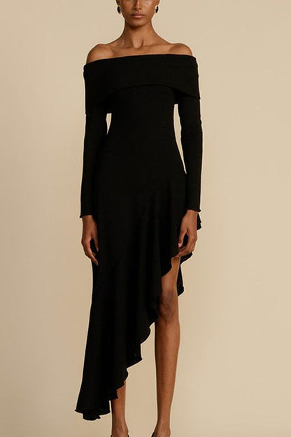 Off-shoulder irregular ruffled slim long dress