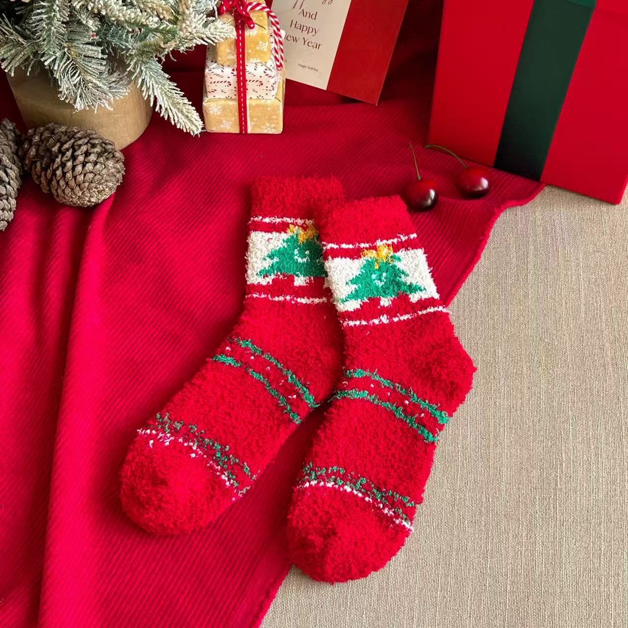Cute Cartoon Fuzzy Coral Fleece Cozy Sleep Christmas Socks