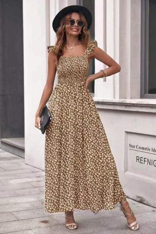 Olive Floral Square Collar Dress