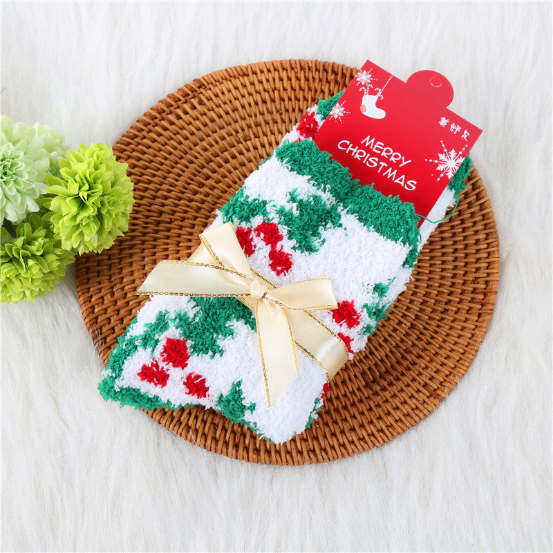Coral Fleece Thick Bow Santa Tree Elk Christmas Socks