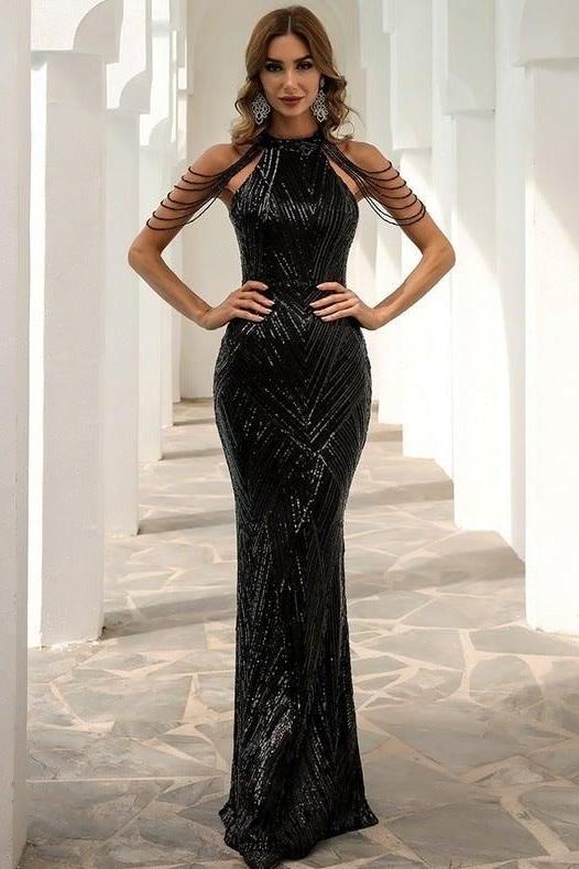 Tassel sequin host fishtail long slim dress