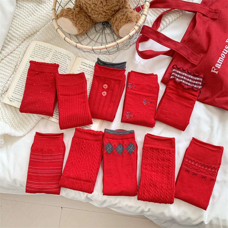 Slouchy Red Combed Cotton Mid Calf Chic Christmas Socks