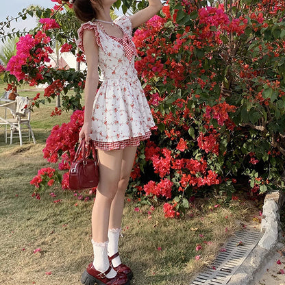 Flying Sleeve Floral Plaid Dress