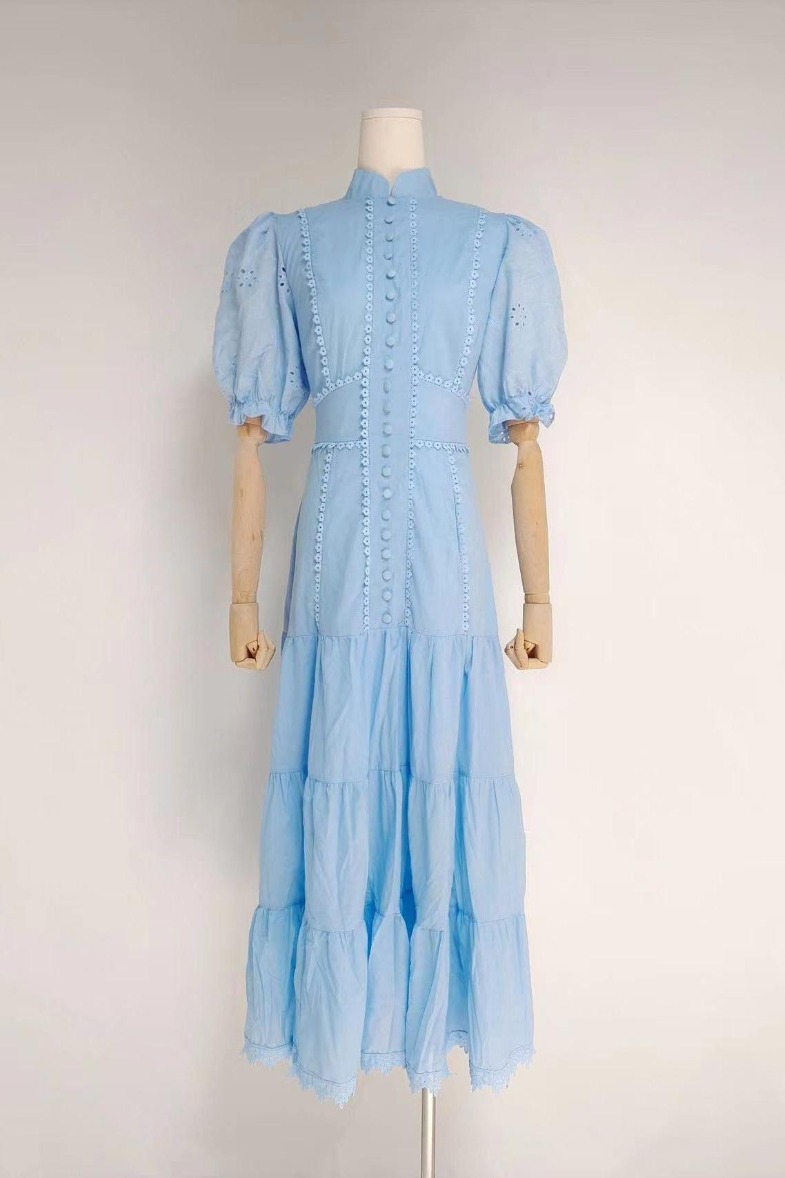 Collar Embroidery Short-Sleeved Long Dress