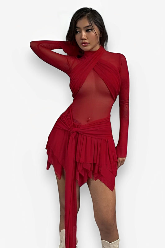 Half High Neck Strap Mesh Dress