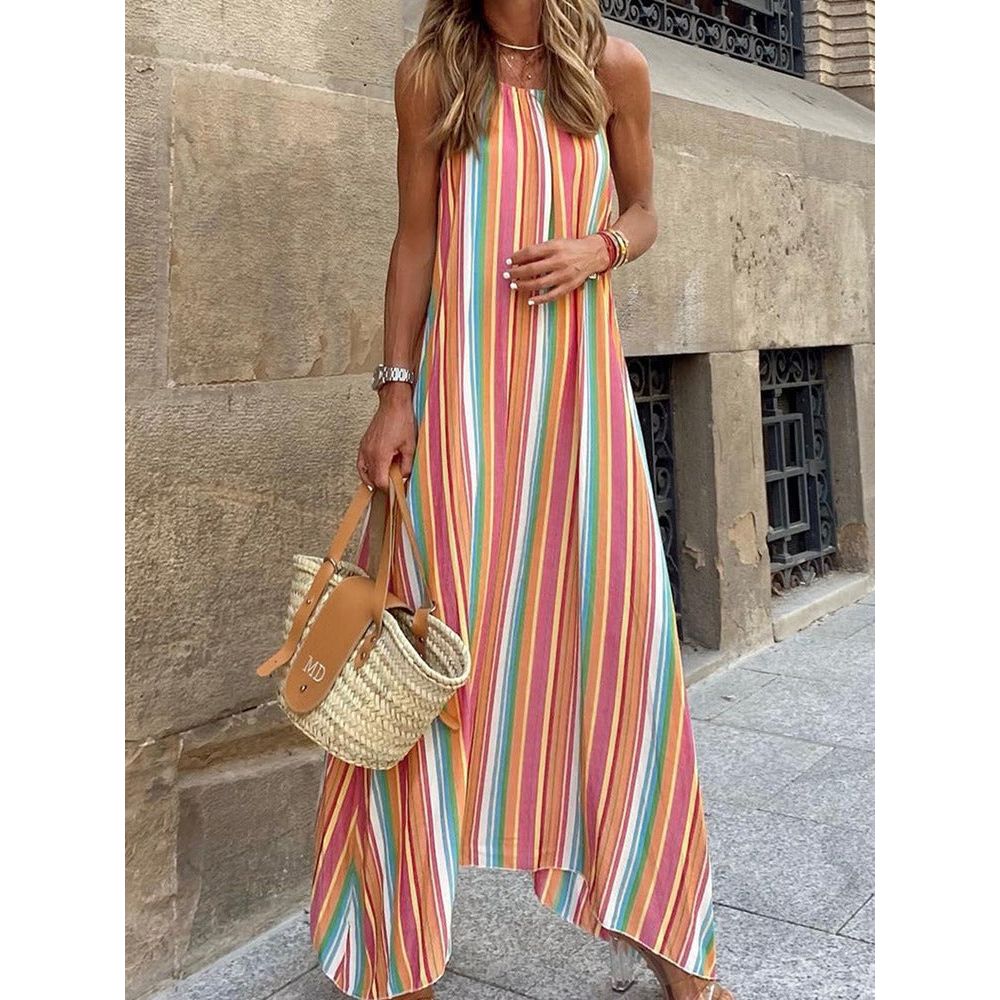 Striped Suspender Bohemian Long Dress