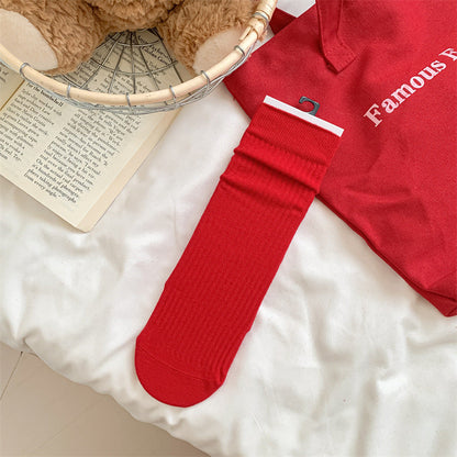 Slouchy Red Combed Cotton Mid Calf Chic Christmas Socks