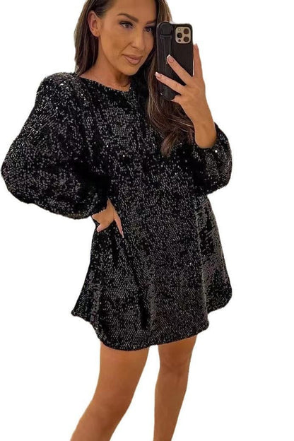 Long-sleeved loose sequined dress