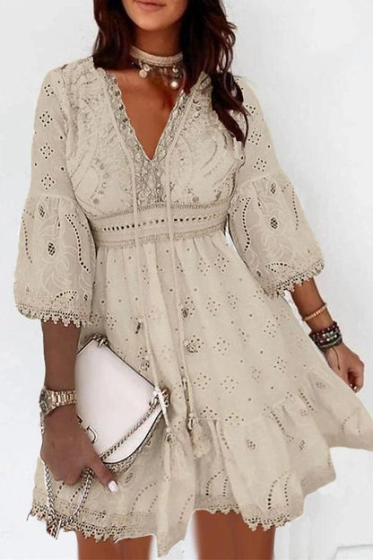 V-Neck Hollow Tassel Embroidered Dress
