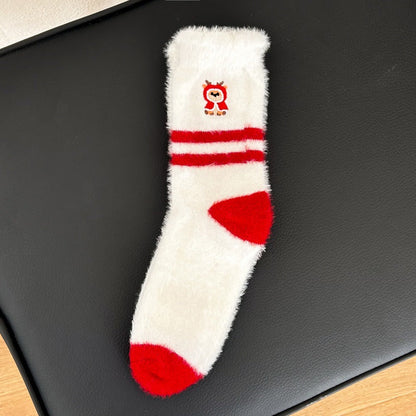 Thick Plush Embroidered Red Mid Calf Christmas Socks