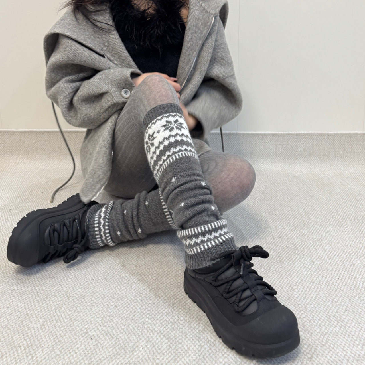 Snowflake Red Knit Warm Slouchy Christmas Leg Warmers