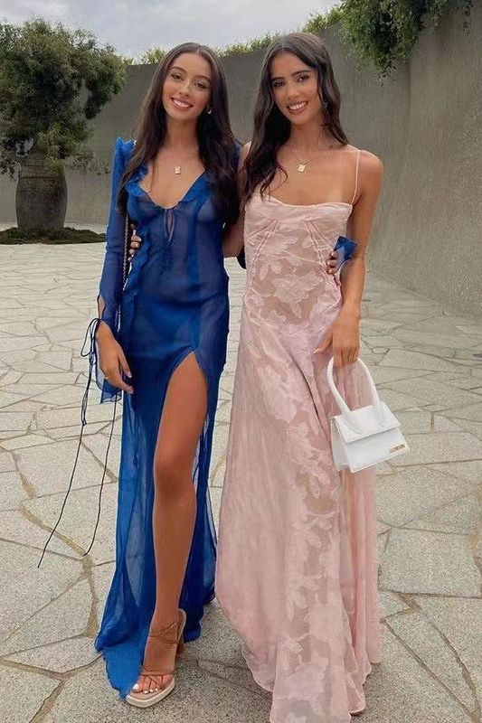 See-through fishbone suspender floral dress