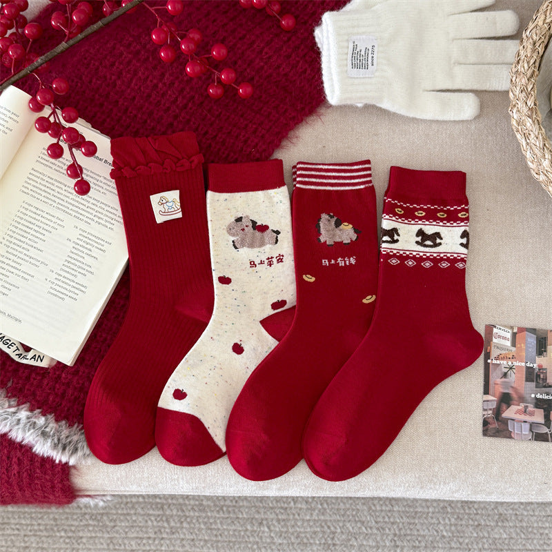 Red Retro Christmas Slouchy Crew Christmas Socks