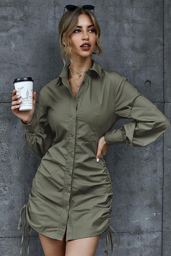 shirt dress V-neck side pleated lace-up dress