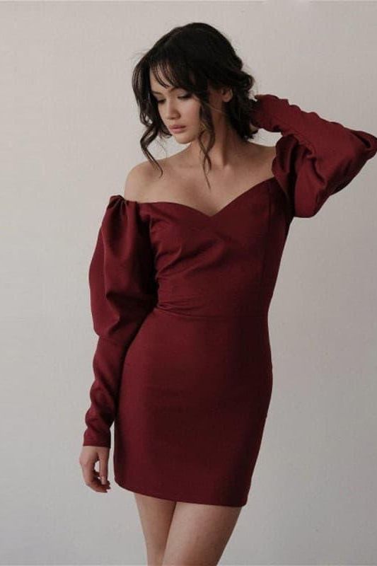 Puff sleeves red high-waisted dress