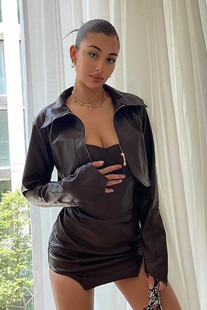 Style PU leather windbreaker lapel short dress & jacket