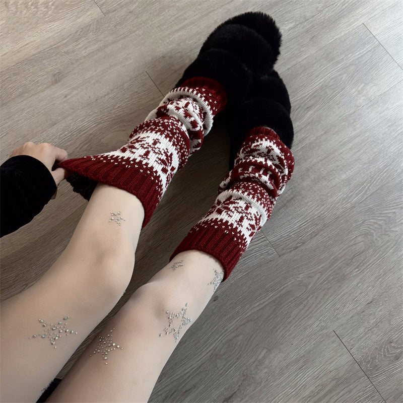 Retro Snowflake Knit Slouchy Red Christmas Leg Warmers