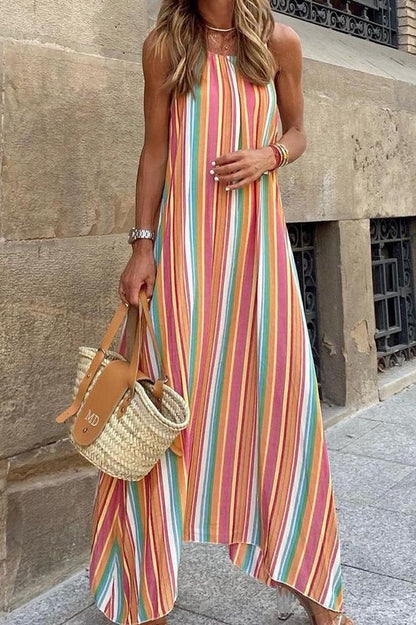 Striped Suspender Bohemian Long Dress