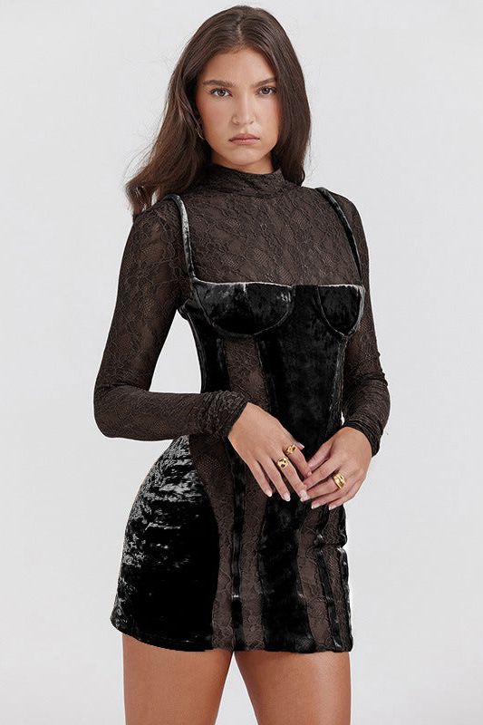 High-neck lace long-sleeved slim dress