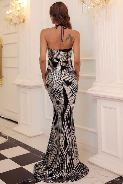 Geometric pattern hanging neck strapless sequin dress