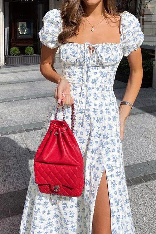 French Floral Printed Backless Long Dress