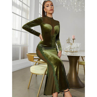Velvet splicing mesh slim long-sleeved dress
