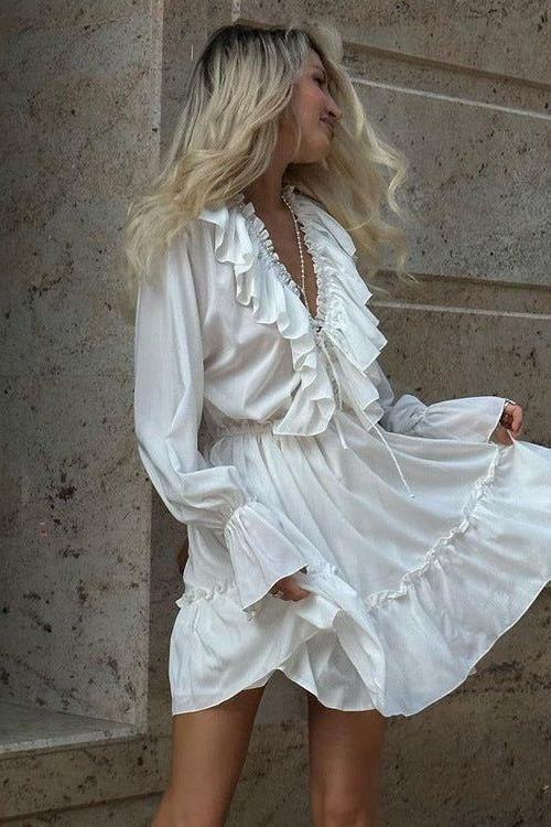 V-Neck Pleated Trumpet Sleeve Ruffled White Dress