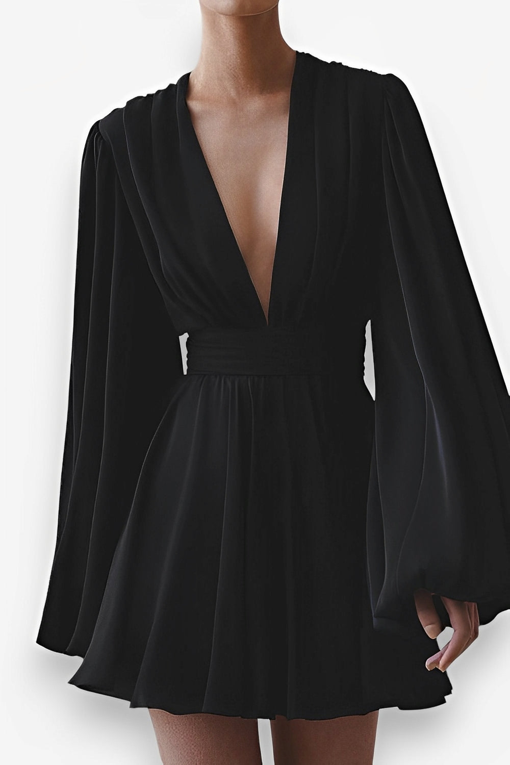 Puff sleeve V-neck short black dress
