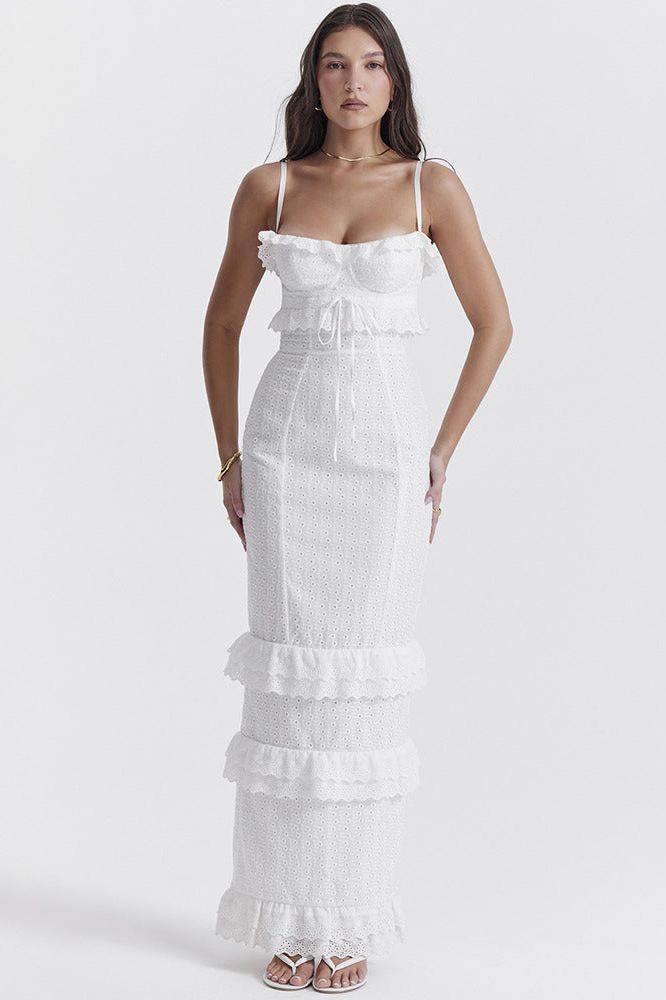 White Hook Flower Suspender Long Dress