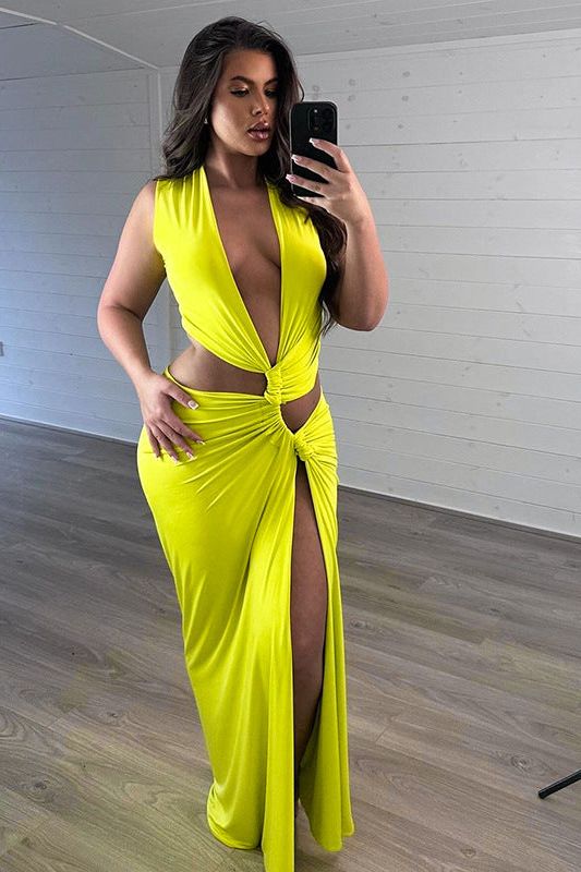 Deep V Hollow Slit Slim Long Dress