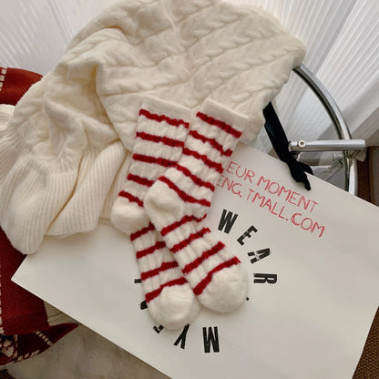 Red Striped Cashmere Blend Warm Mid Calf Christmas Socks