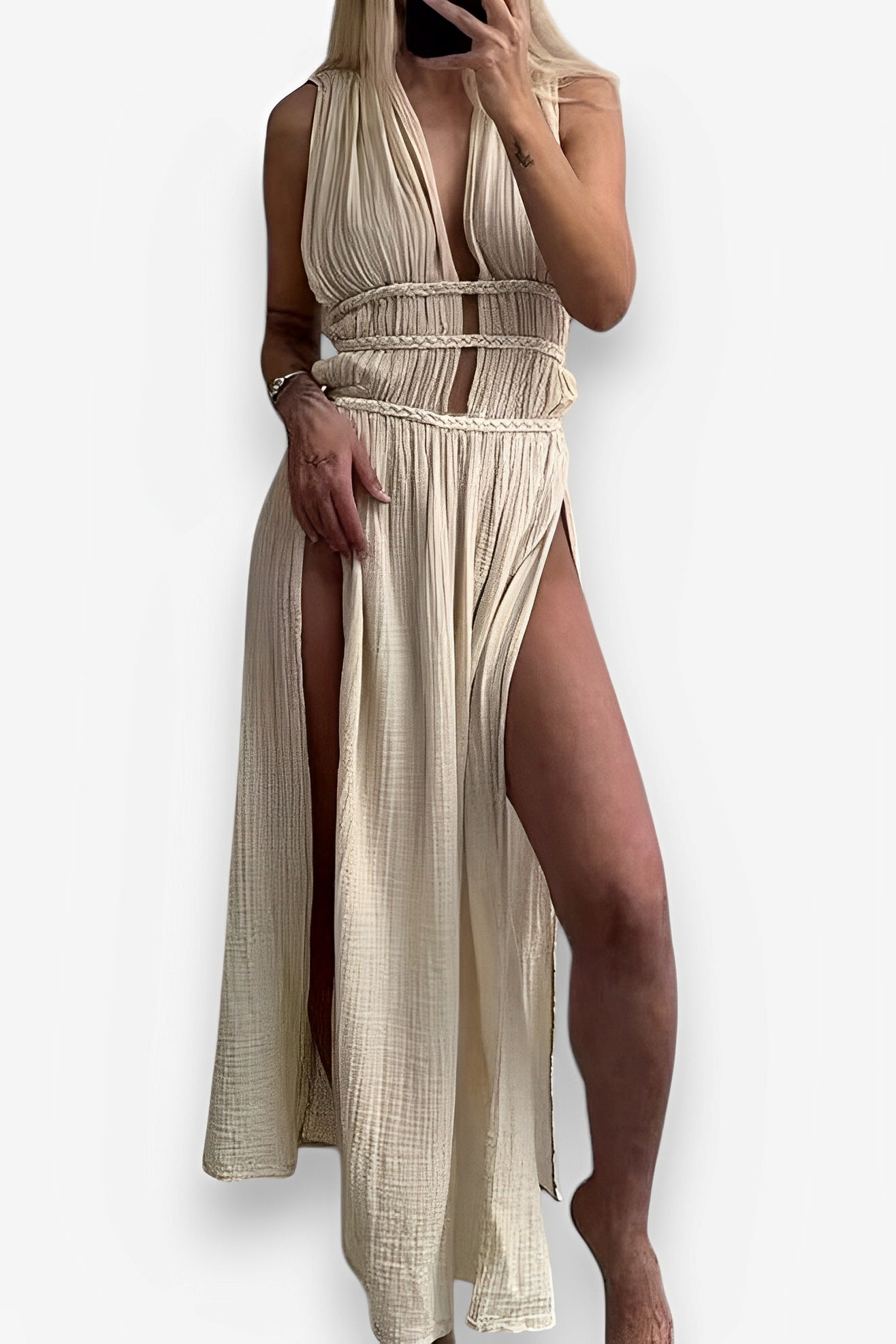 Braided Belt Hollow Slit Long dress