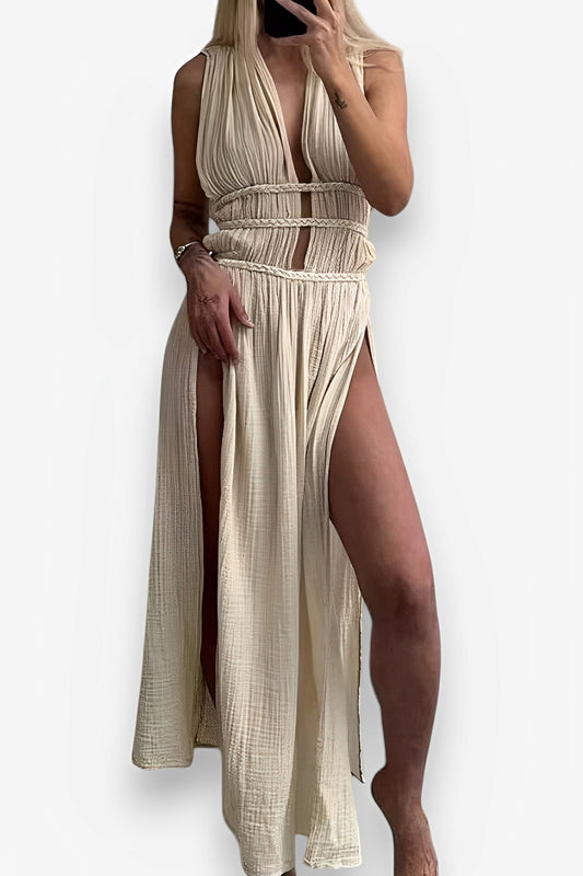 Braided Belt Hollow Slit Long dress