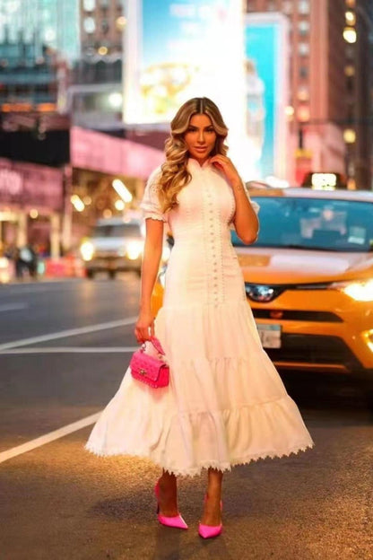 Collar Embroidery Short-Sleeved Long Dress