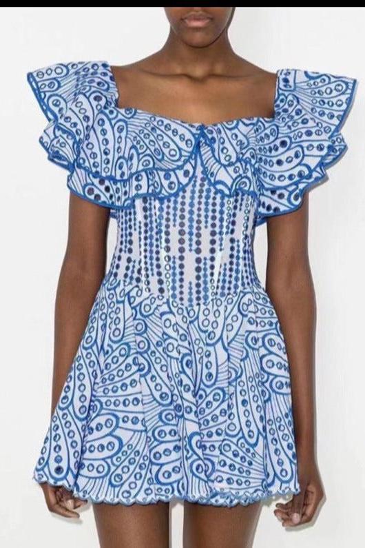 One-Shoulder Ruffled Hollow Embroidery Slim Waist Dress