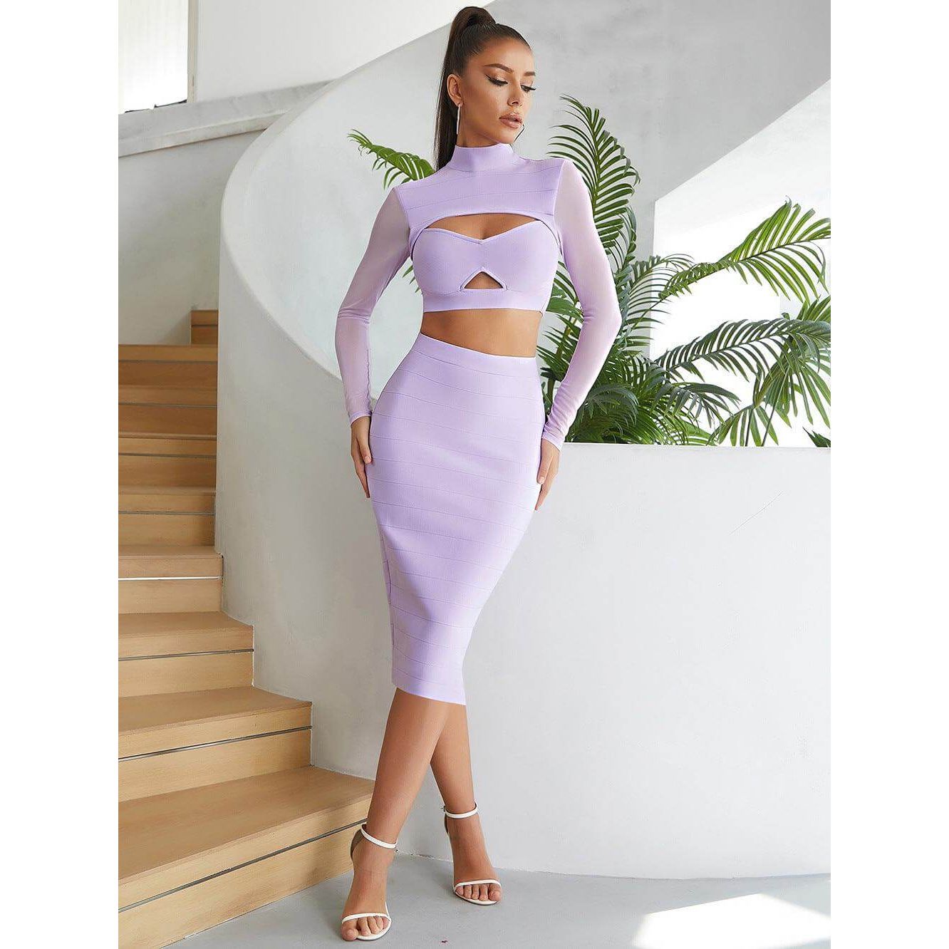 Sexy hollow mesh long-sleeved slim skirt Dress