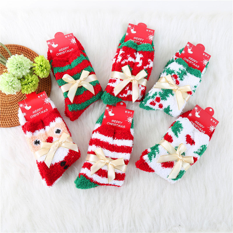 Coral Fleece Thick Bow Santa Tree Elk Christmas Socks