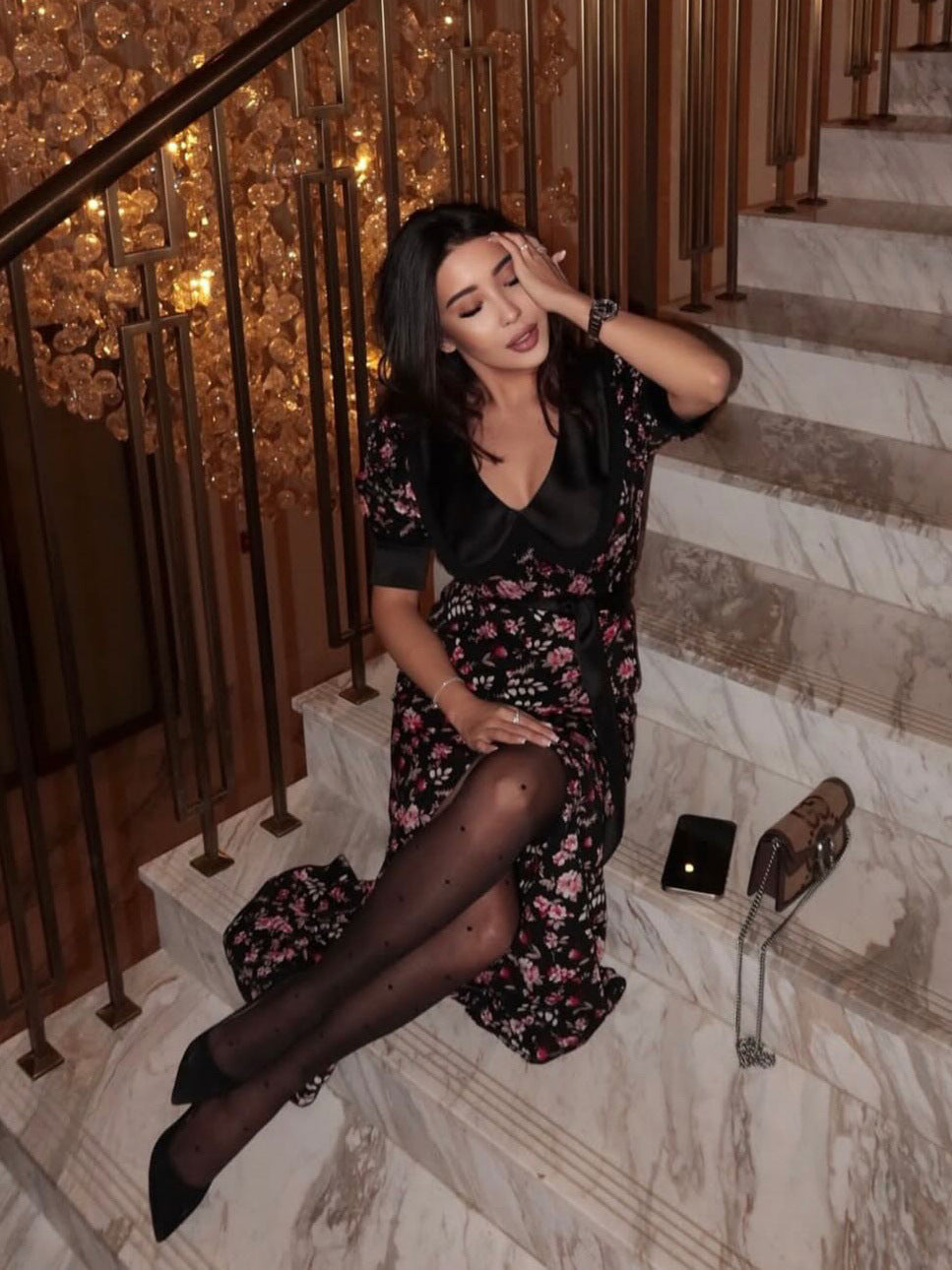 A High-Slit Floral Dress A Baby Collar