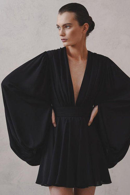 Puff sleeve V-neck short black dress